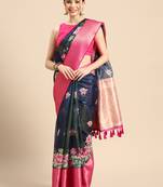 Silk Land  Navy Blue  Digital Print Art Silk Saree 