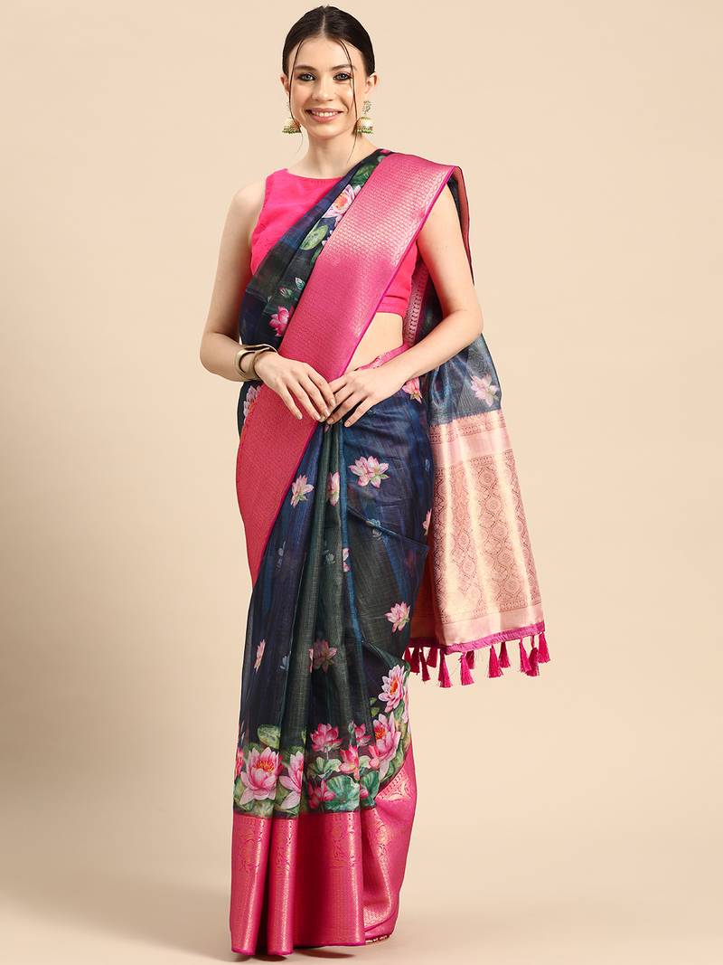 Silk Land  Navy Blue  Digital Print Art Silk Saree 