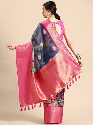 Silk Land  Navy Blue  Digital Print Art Silk Saree  2