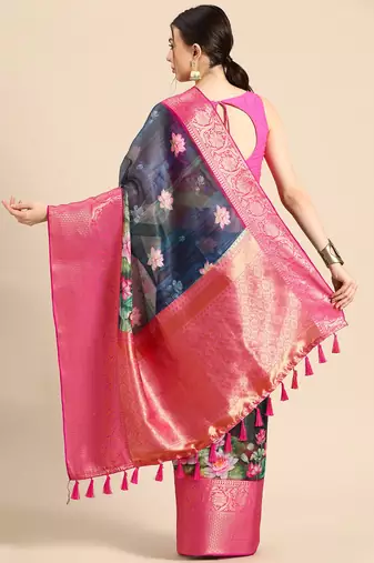 Silk Land  Navy Blue  Digital Print Art Silk Saree 