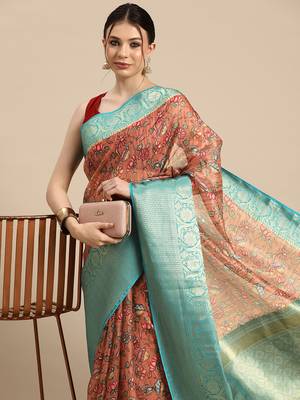 Silk Land  Peach  Digital Print Art Silk Saree  1