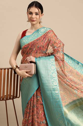 Silk Land  Peach  Digital Print Art Silk Saree 