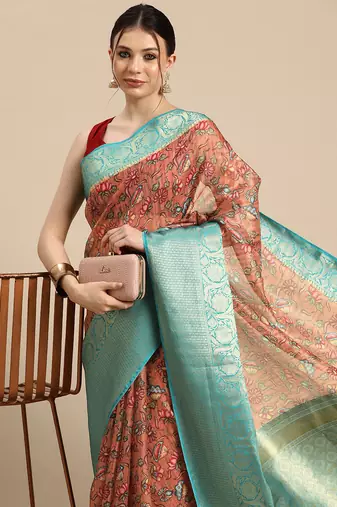 Silk Land  Peach  Digital Print Art Silk Saree 