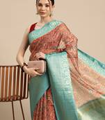 Silk Land  Peach  Digital Print Art Silk Saree 