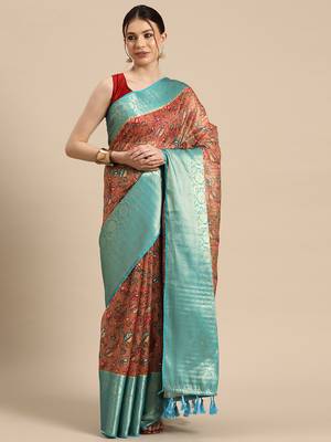 Silk Land  Peach  Digital Print Art Silk Saree  2