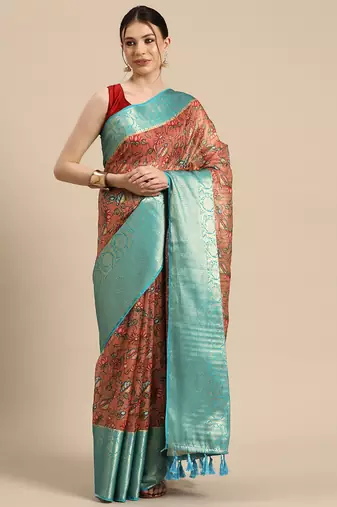 Silk Land  Peach  Digital Print Art Silk Saree 