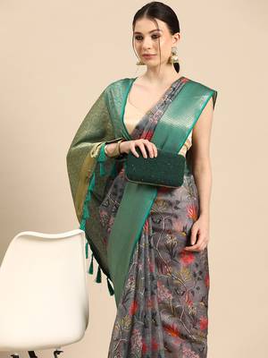 Silk Land  Grey  Digital Print Art Silk Saree  1