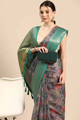Silk Land  Grey  Digital Print Art Silk Saree 