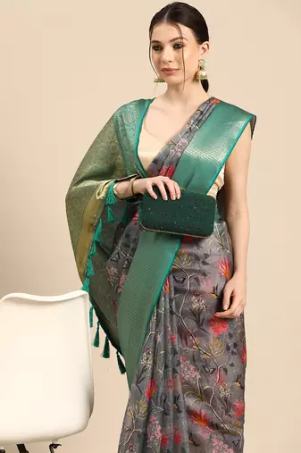 Silk Land  Grey  Digital Print Art Silk Saree 