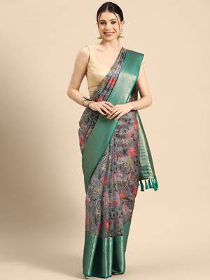 Silk Land  Grey  Digital Print Art Silk Saree  2