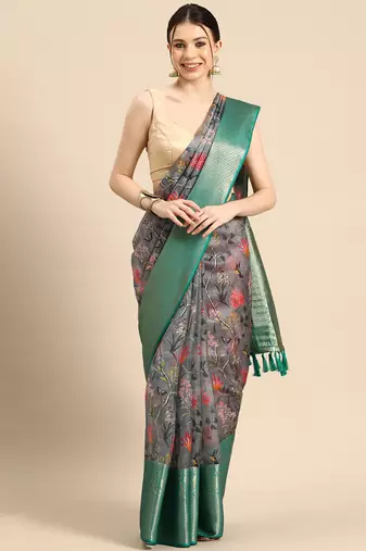 Silk Land  Grey  Digital Print Art Silk Saree 