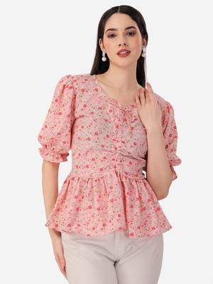 Stylish pink color crepe fabric floral printed tunic 1