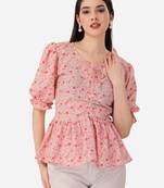 Stylish pink color crepe fabric floral printed tunic