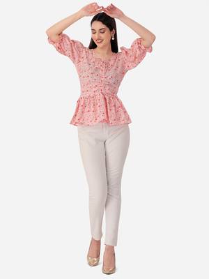Stylish pink color crepe fabric floral printed tunic 5