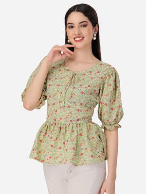 Stylish pista color crepe fabric floral  printed tunic 1