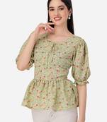 Stylish pista color crepe fabric floral  printed tunic