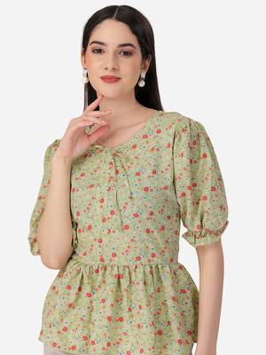 Stylish pista color crepe fabric floral  printed tunic 4