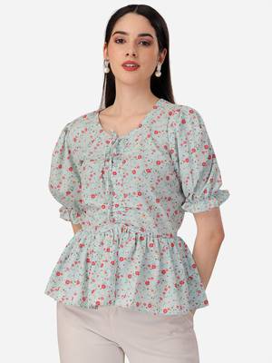 Stylish sky color crepe fabric floral  printed tunic 1
