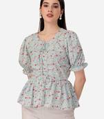 Stylish sky color crepe fabric floral  printed tunic