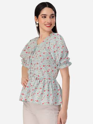 Stylish sky color crepe fabric floral  printed tunic 3