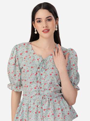 Stylish sky color crepe fabric floral  printed tunic 4