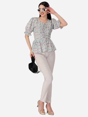 Stylish sky color crepe fabric floral  printed tunic 5