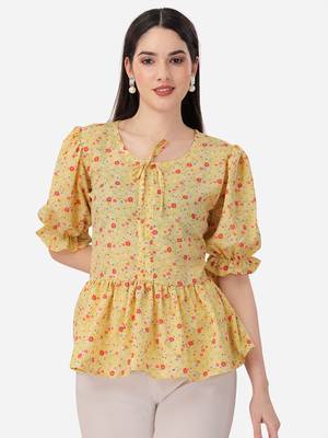 Stylish yellow color crepe fabric floral  printed tunic 1