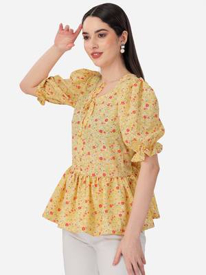 Stylish yellow color crepe fabric floral  printed tunic 2