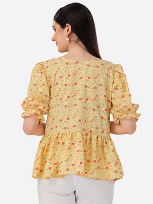 Stylish yellow color crepe fabric floral  printed tunic 3