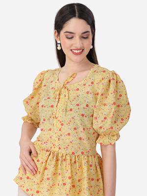 Stylish yellow color crepe fabric floral  printed tunic 4