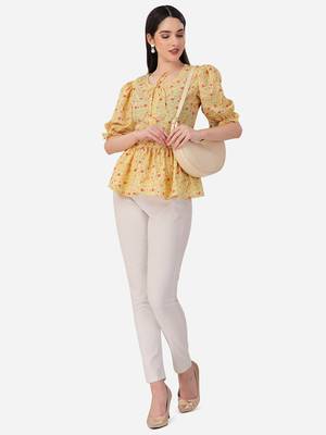 Stylish yellow color crepe fabric floral  printed tunic 5