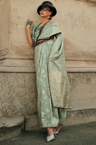 Sea Green Gota Zari Handloom Weaving Silk Saree With Blouse For Women