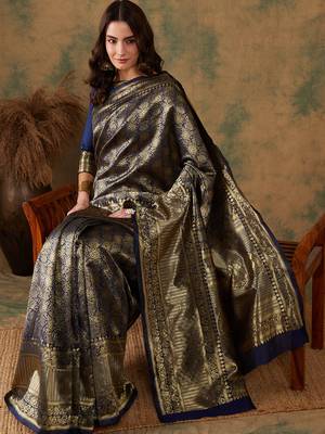 Neavy Blue Color Weaving Work Banarasi silk blend Saree With Blouse 1
