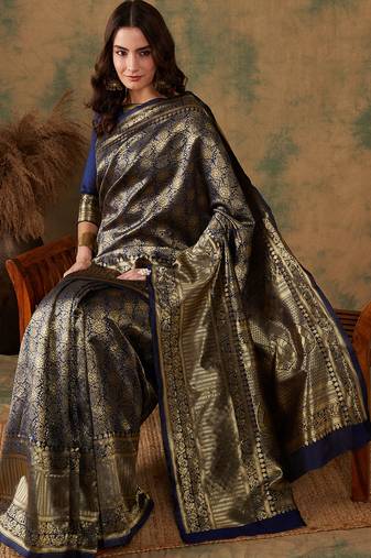 Neavy Blue Color Weaving Work Banarasi silk blend Saree With Blouse