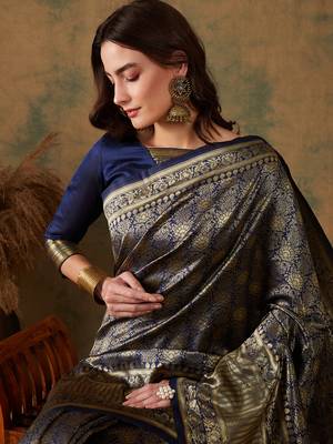 Neavy Blue Color Weaving Work Banarasi silk blend Saree With Blouse 2