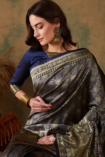 Neavy Blue Color Weaving Work Banarasi silk blend Saree With Blouse