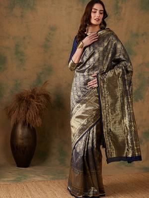 Neavy Blue Color Weaving Work Banarasi silk blend Saree With Blouse 3