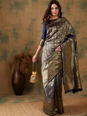 Neavy Blue Color Weaving Work Banarasi silk blend Saree With Blouse 4