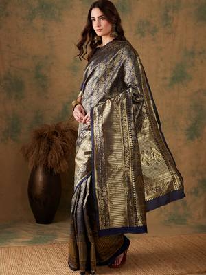 Neavy Blue Color Weaving Work Banarasi silk blend Saree With Blouse 5
