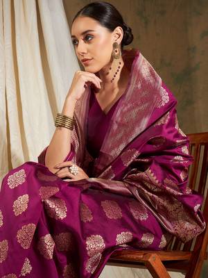 Wine Color Weaving Work Banarasi silk blend Saree With Blouse 1