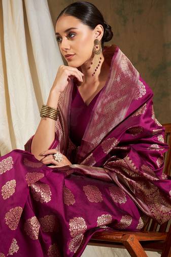 Wine Color Weaving Work Banarasi silk blend Saree With Blouse