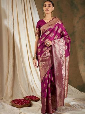 Wine Color Weaving Work Banarasi silk blend Saree With Blouse 2