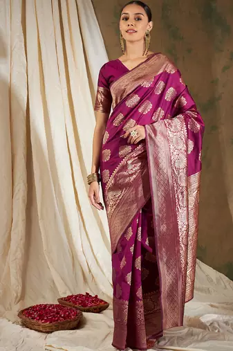 Wine Color Weaving Work Banarasi silk blend Saree With Blouse