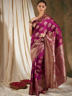 Wine Color Weaving Work Banarasi silk blend Saree With Blouse 3
