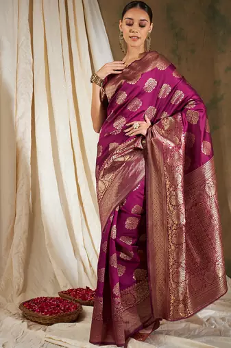 Wine Color Weaving Work Banarasi silk blend Saree With Blouse