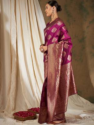 Wine Color Weaving Work Banarasi silk blend Saree With Blouse 4