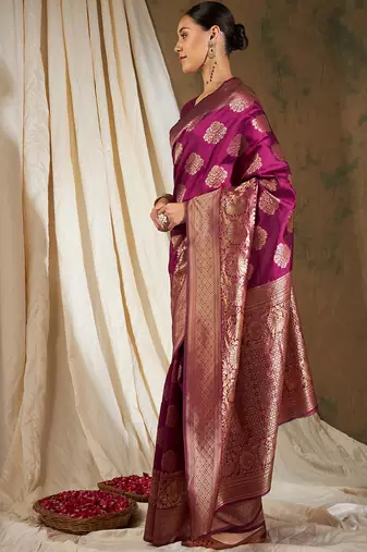 Wine Color Weaving Work Banarasi silk blend Saree With Blouse