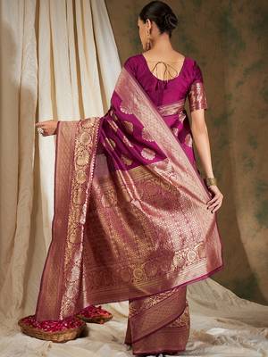 Wine Color Weaving Work Banarasi silk blend Saree With Blouse 5
