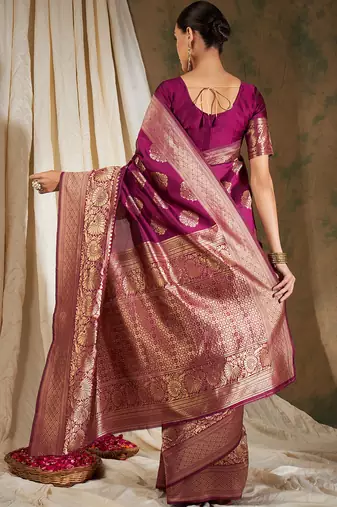 Wine Color Weaving Work Banarasi silk blend Saree With Blouse