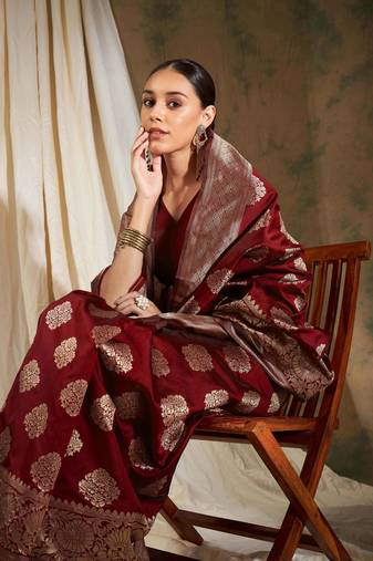 Maroon Color Weaving Work Banarasi silk blend Saree With Blouse